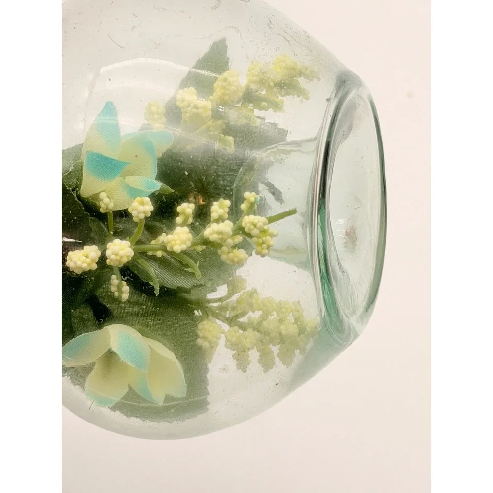 Vintage Glass Globe Terrarium Candle Holder Faux Floral Blue White Flowers 4.5in